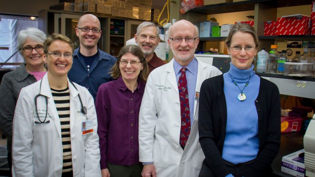 The DAR-901 scientific team at Dartmouth's Geisel School of Medicine (from left to right): Brenda Haynes, RN; Lisa Adams, MD; Tim Lahey, MD; Wendy Wieland-Alter, MS; Richard Waddell, DSc; Ford von Reyn, MD; Ruth Connor, PhD