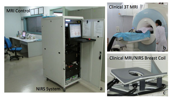 An overview of the MRI/NIRS system. The NIRS system is housed in the MRI control room (a) and light is piped into the MRI suite for patient imaging using fiber optic cables (b). A combined MRI/NIRS breast coil (c) makes simultaneous MRI and NIRS imaging possible.