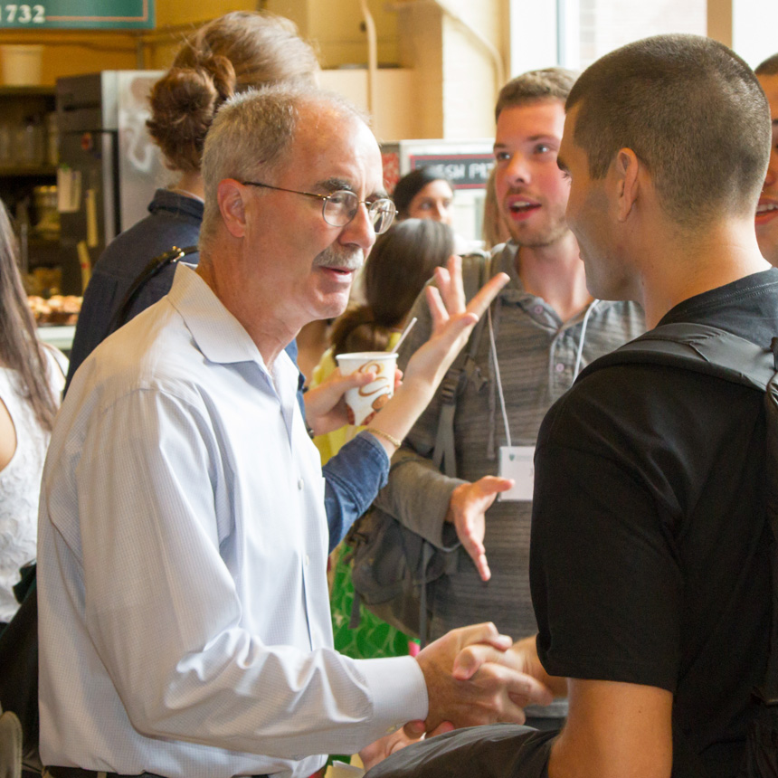 Dartmouth President Phil Hanlon greeted students before orientation.
