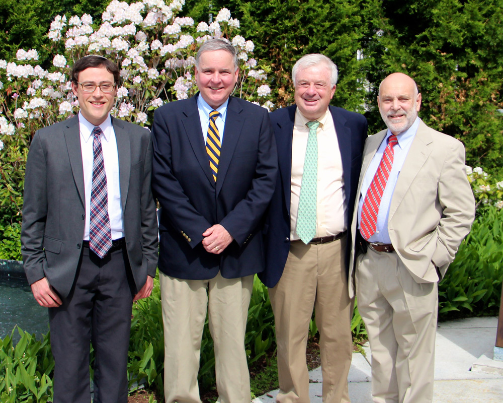 C. Everett Koop, MD, Courage Award recipients William-Bernard Reid-Varley (left), Charles Mannix (center left), and Samuel "Woodie' Kessel (far right) pose with Joe O'Donnell (center right)
