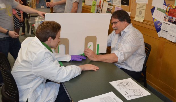 Geisel's Bob Maue, PhD, performs “The Invisible Hand” illusion on participant Kai Renshaw, Hanover High School, 9th grade. This illusion tricks the participant into thinking an artificial hand is their own and demonstrates how the brain forms a visual definition of our body.