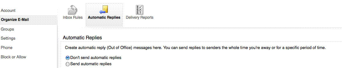 Click on the Automatic Replies icon in the Organize Email tab