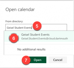 Steps 5, 6, and 7 for Opening a Shared Calendar