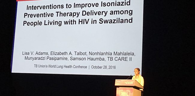 Lisa Adams presents at the 2016 TB Union's World Conference on Lung Health on her collaborative research on tuberculosis care delivery in Swaziland, in Liverpool, UK.