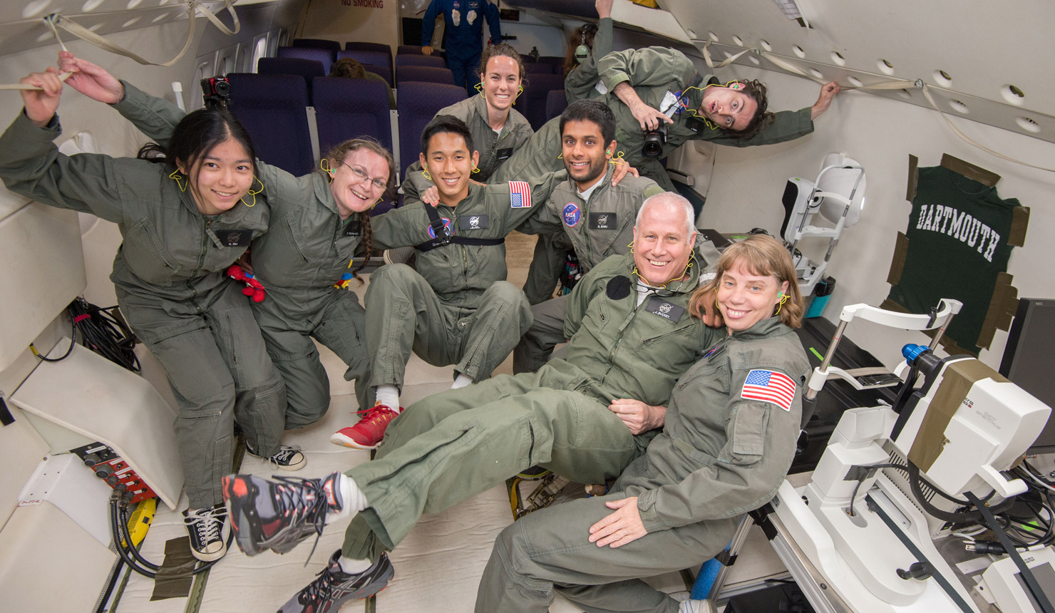 The research team in the NASA C-9 aircraft. Front row, left to right: Helen Gu DC'18, Christine Toutain-Kidd, Sean Oh DC'17, Gautam Babu DC'16, Jay Buckey, Abigail Fellows. Back row: Allison Anderson, Jacob Gaba DC'16.