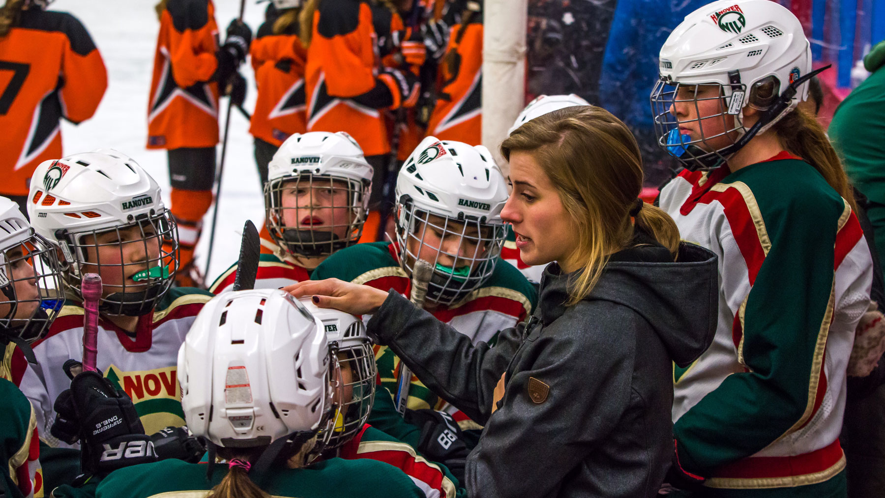 Lindsay Holdcroft '21 coaches the U12 girls' hockey team.