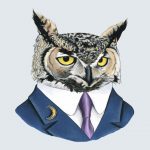 headshot of a cartoon owl in a suit