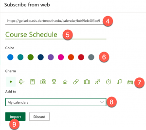 Illustrates the options to select when adding a web subscription calendar in BWA